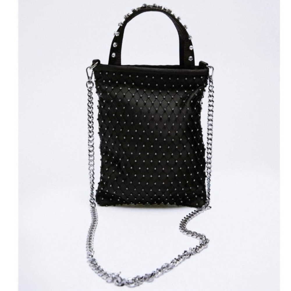 ZARA New Black Crystal Jewel Studded Mini Chain Crossbody Bucket Bag Y2K Grunge